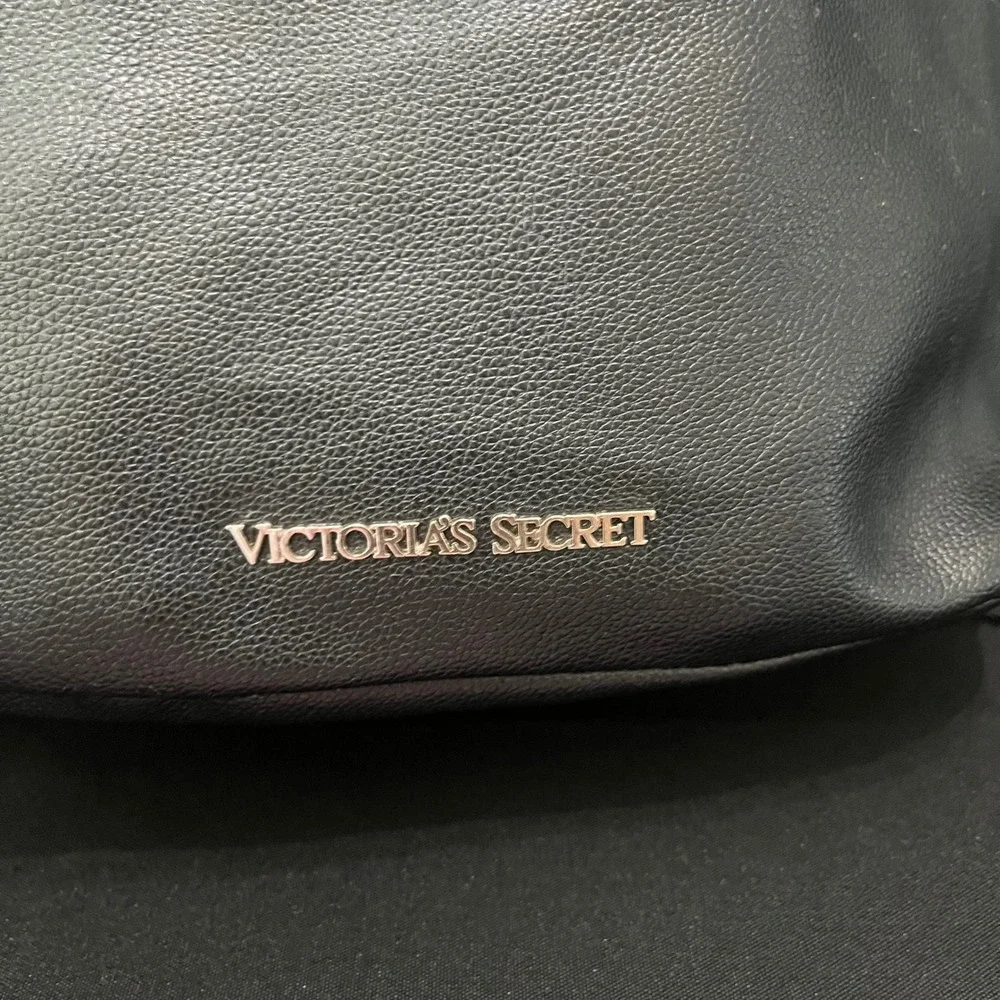 Victorias Secret Black Faux Leather Fringe Drawstring‎ Backpack Gold Logo Bag